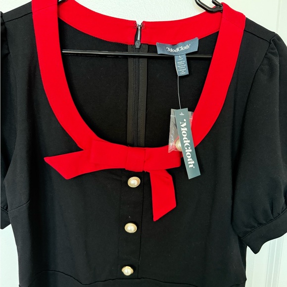 Modcloth Black Mini Dress with Red Trim and Bow - Picture 2 of 13